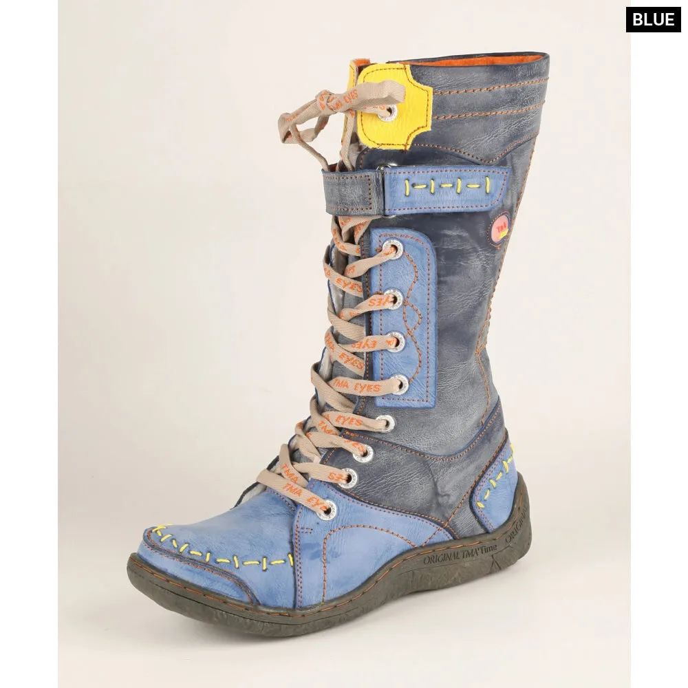 Long Warm Leather Womens Boots in Winter with Solid Colour Hand Stitching