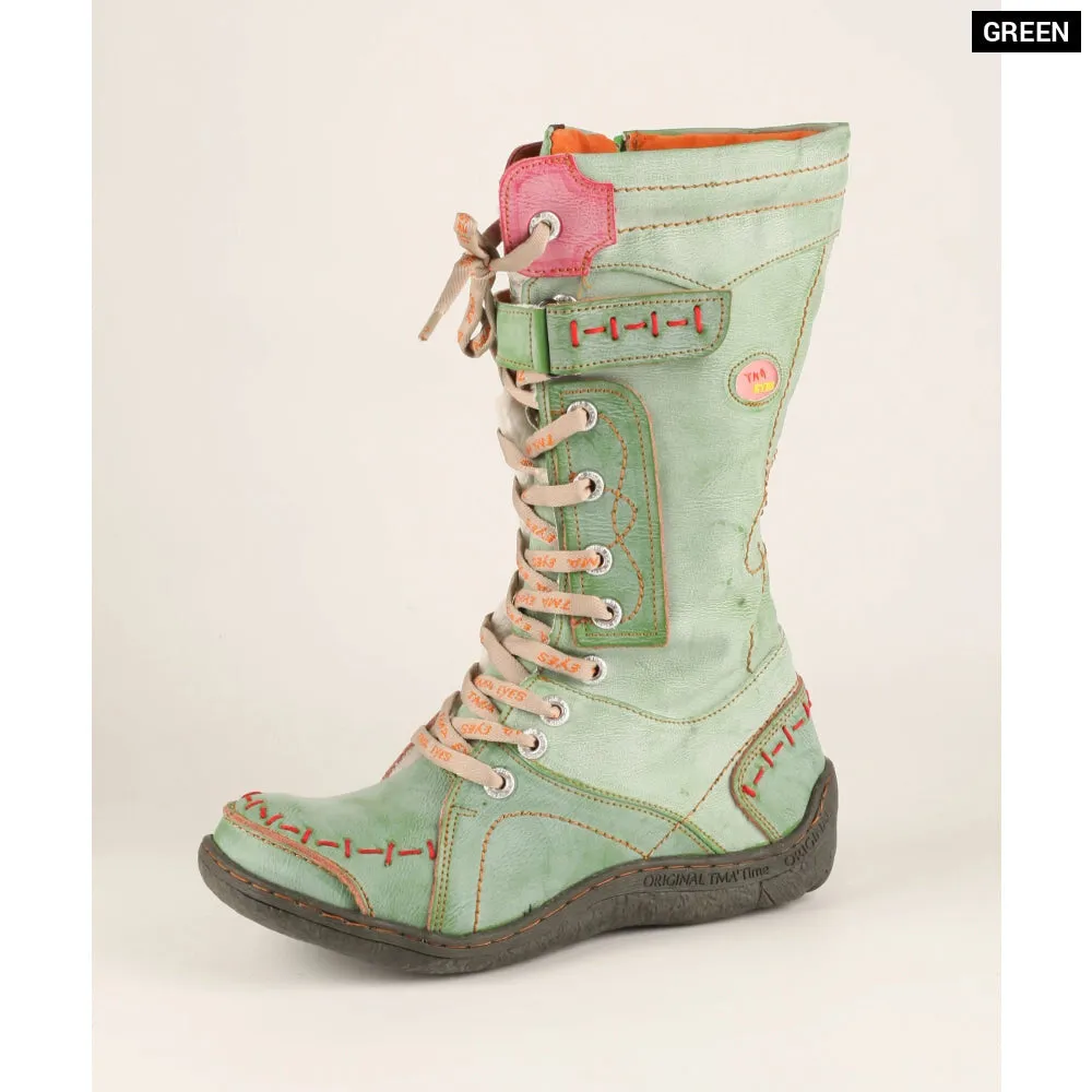 Long Warm Leather Womens Boots in Winter with Solid Colour Hand Stitching
