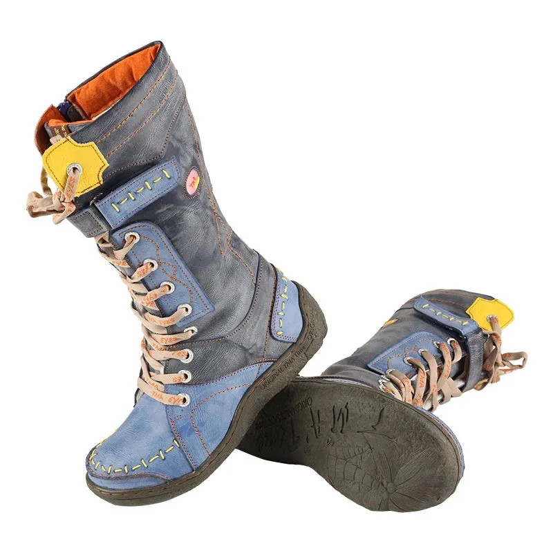 Long Warm Leather Womens Boots in Winter with Solid Colour Hand Stitching