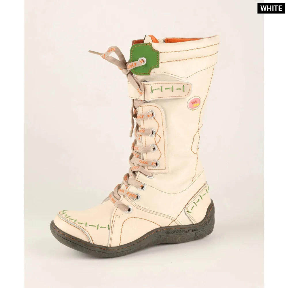 Long Warm Leather Womens Boots in Winter with Solid Colour Hand Stitching
