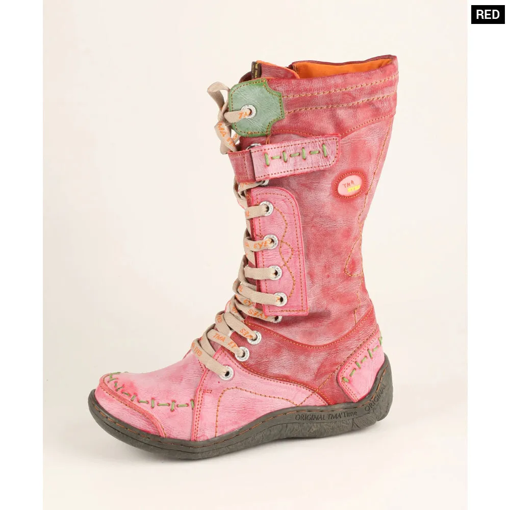 Long Warm Leather Womens Boots in Winter with Solid Colour Hand Stitching