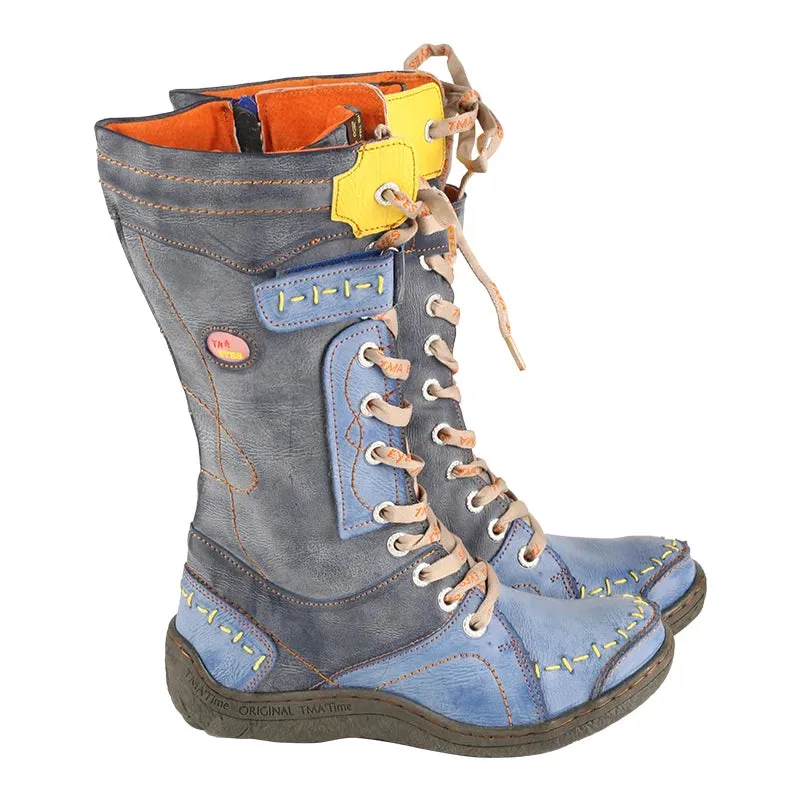 Long Warm Leather Womens Boots in Winter with Solid Colour Hand Stitching