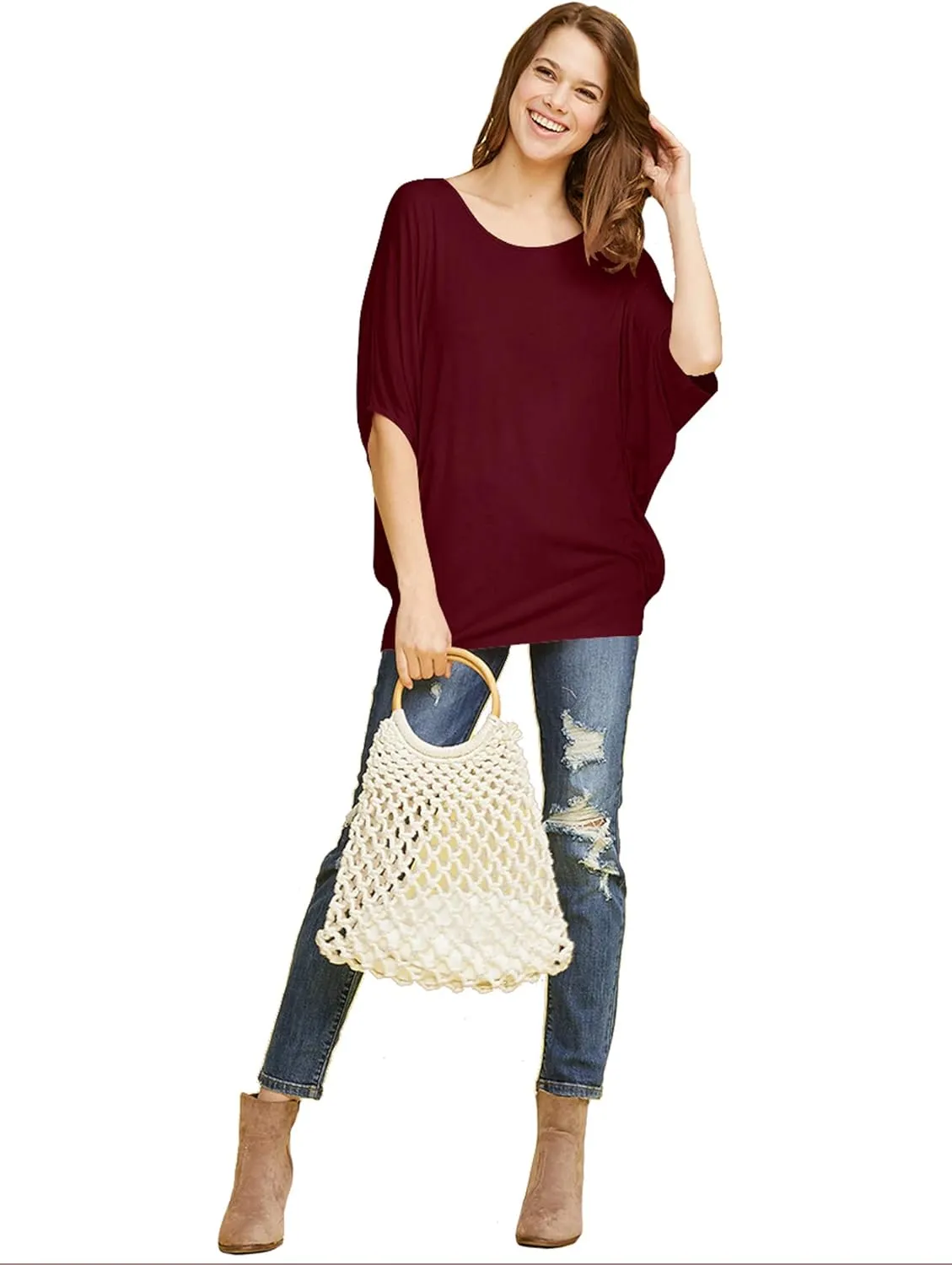 Made By Johnny Women's Scoop Neck Half Sleeve Batwing Dolman Top - Plus Size