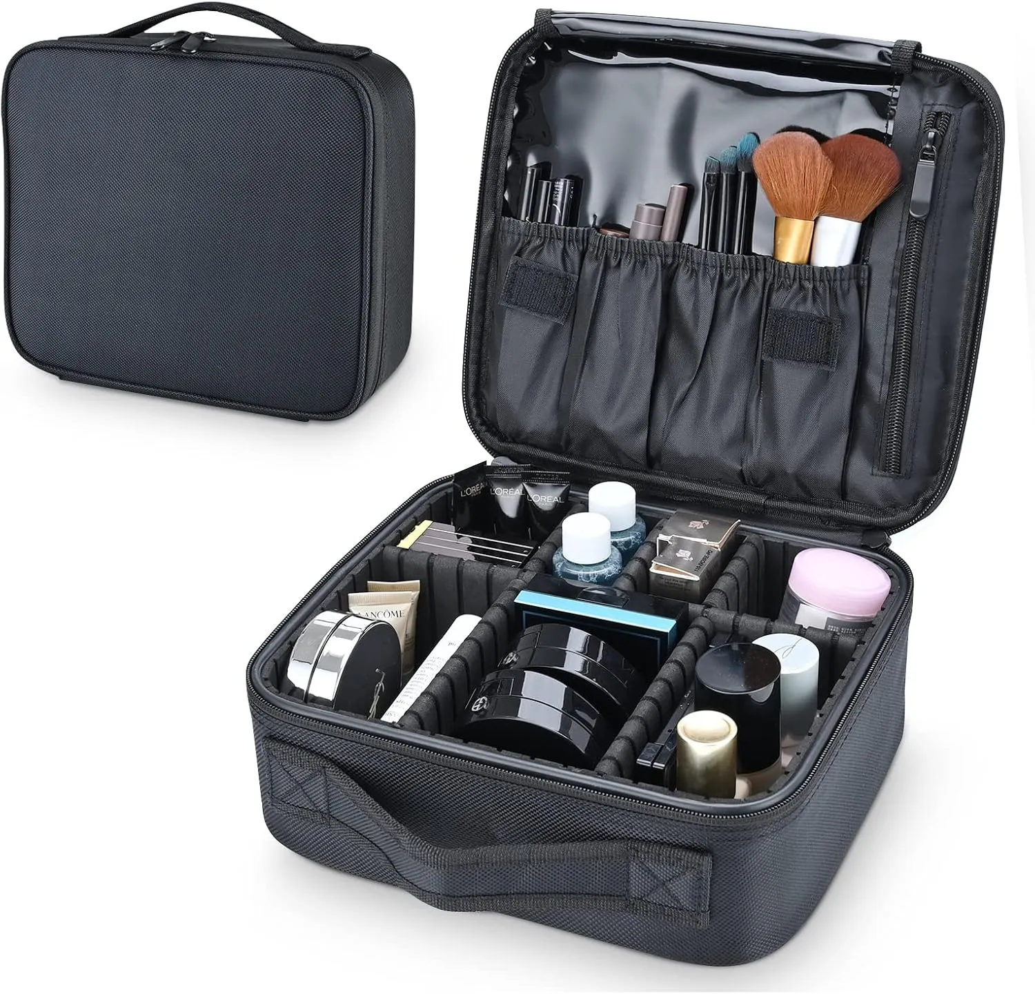 Makeup Bag travel organizer Cosmetic Bag Portable Artist Storage Bag with Adjustable Dividers for Women Cosmetics Brushes Toiletry, Black
