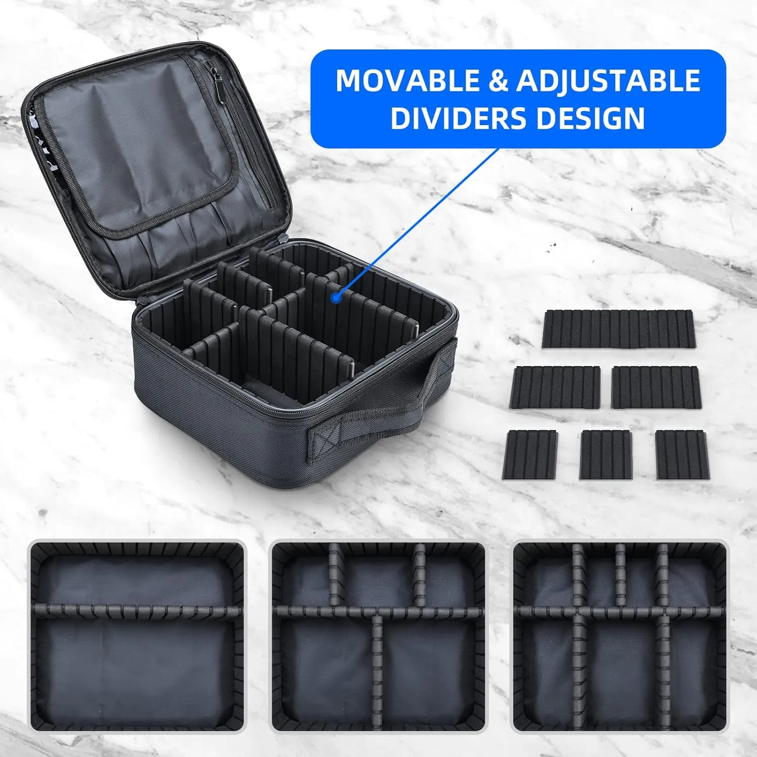 Makeup Bag travel organizer Cosmetic Bag Portable Artist Storage Bag with Adjustable Dividers for Women Cosmetics Brushes Toiletry, Black