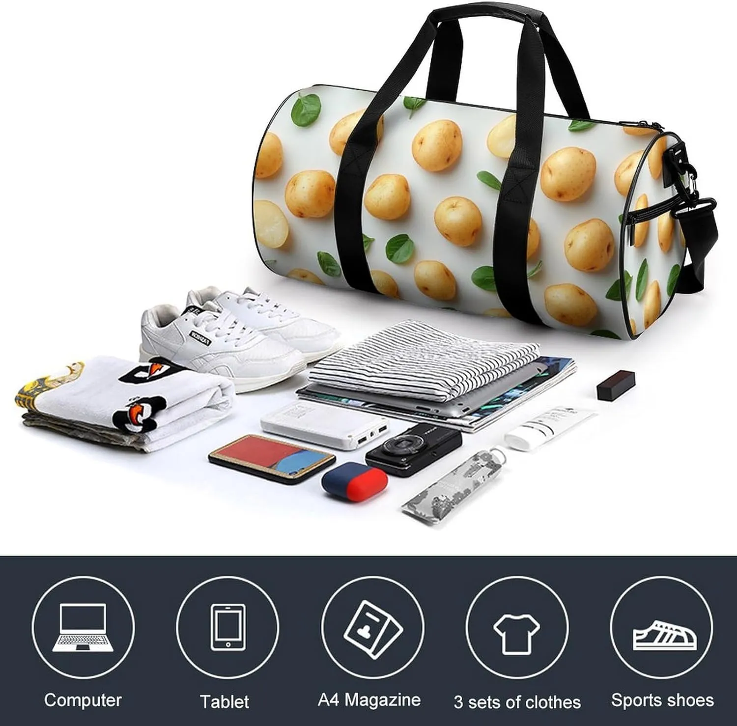 Many Raw Potato Isolated Travel Gym Bag for Women Men Cute Style Cylindrical Duffle Bag Sport Workout Bag with Shoulder Strap