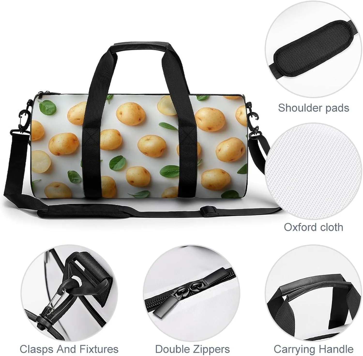 Many Raw Potato Isolated Travel Gym Bag for Women Men Cute Style Cylindrical Duffle Bag Sport Workout Bag with Shoulder Strap