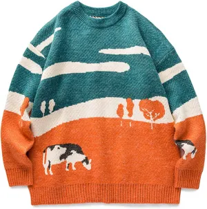 Mens Grassland Cow Vintage Oversize Knitted Sweater Long Sleeve Round Neck Knitted Pullover Jumper Unisex Fall Tops
