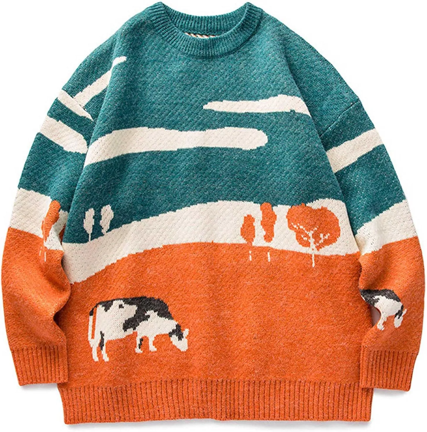 Mens Grassland Cow Vintage Oversize Knitted Sweater Long Sleeve Round Neck Knitted Pullover Jumper Unisex Fall Tops