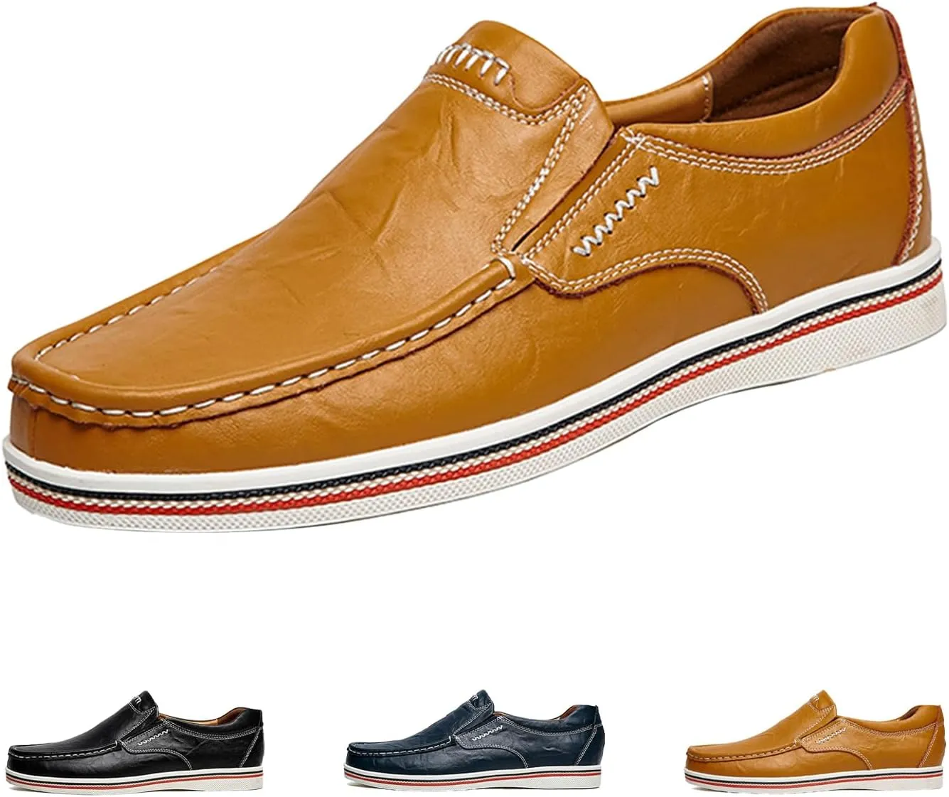 Men's Leather Slip-On Dress Casual Shoes,Vintage Trendy Lightweight Non-Slip Business Oxford Driving Walking Loafers