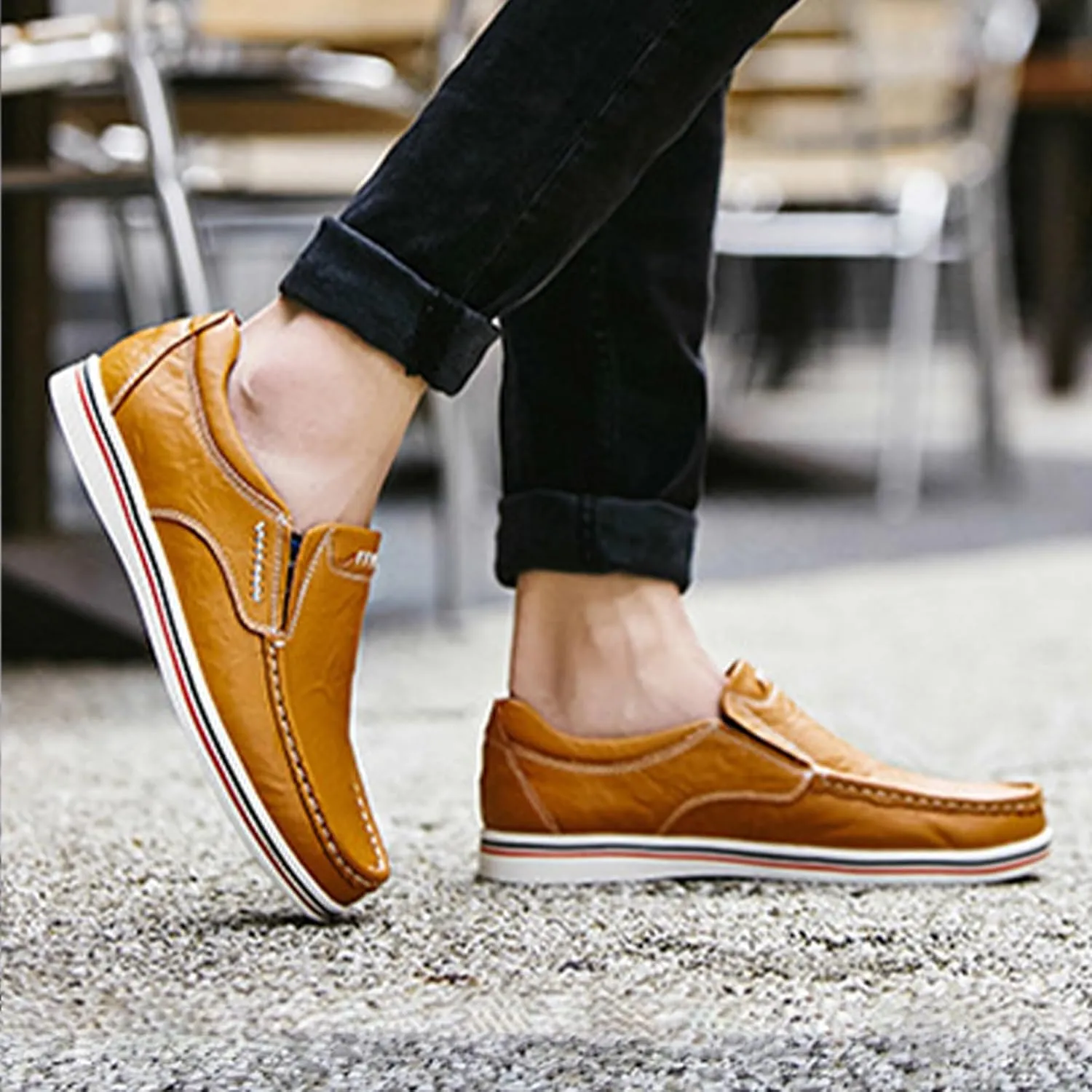 Men's Leather Slip-On Dress Casual Shoes,Vintage Trendy Lightweight Non-Slip Business Oxford Driving Walking Loafers