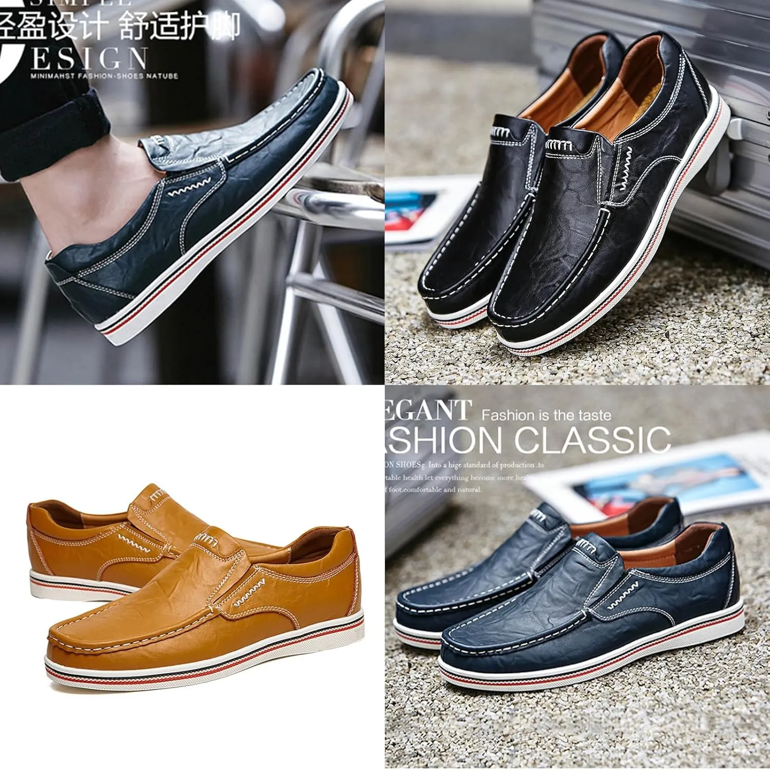 Men's Leather Slip-On Dress Casual Shoes,Vintage Trendy Lightweight Non-Slip Business Oxford Driving Walking Loafers