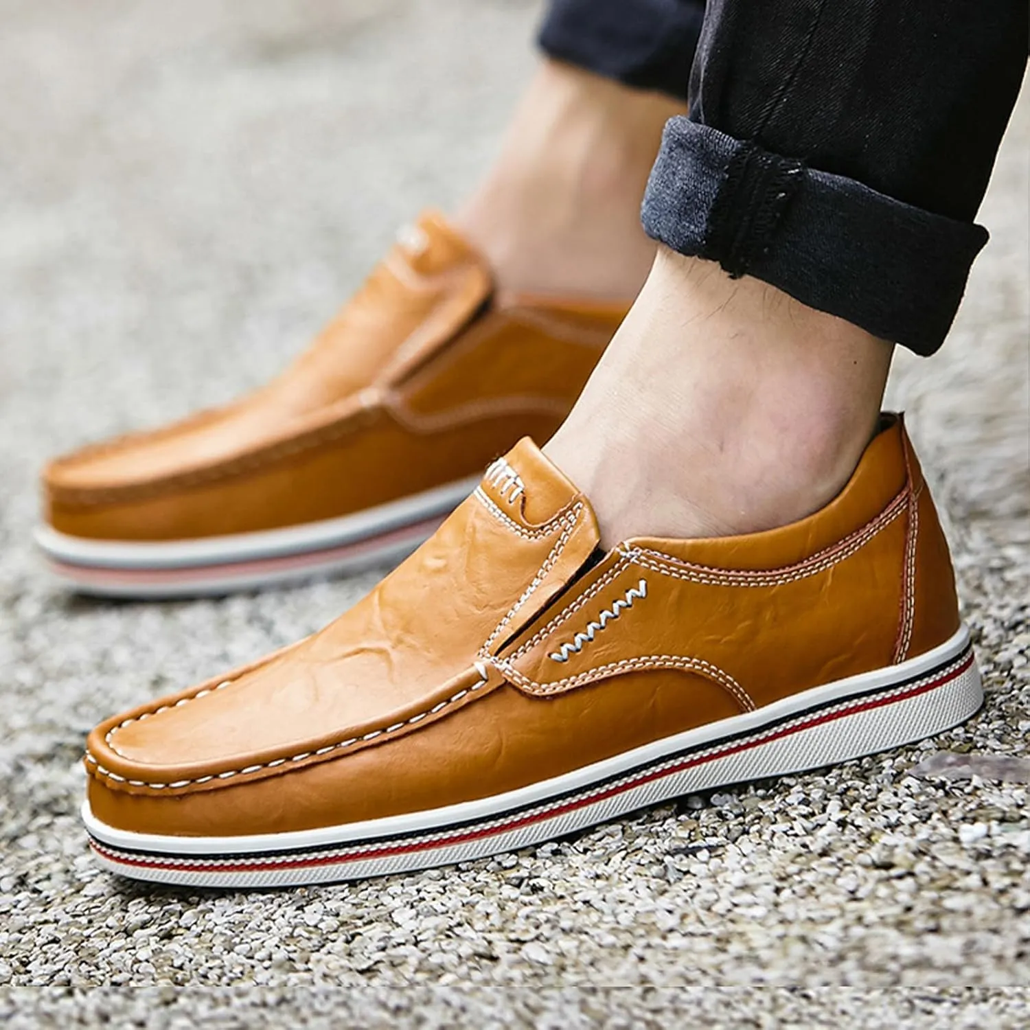 Men's Leather Slip-On Dress Casual Shoes,Vintage Trendy Lightweight Non-Slip Business Oxford Driving Walking Loafers