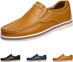 Men's Leather Slip-On Dress Casual Shoes,Vintage Trendy Lightweight Non-Slip Business Oxford Driving Walking Loafers