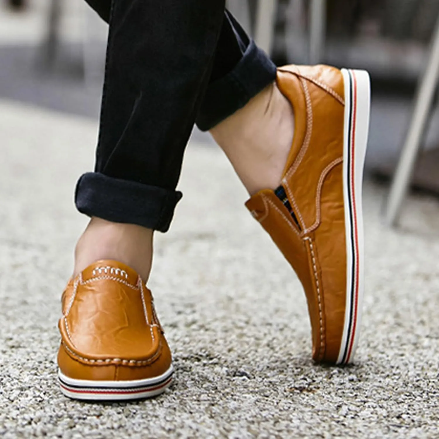 Men's Leather Slip-On Dress Casual Shoes,Vintage Trendy Lightweight Non-Slip Business Oxford Driving Walking Loafers