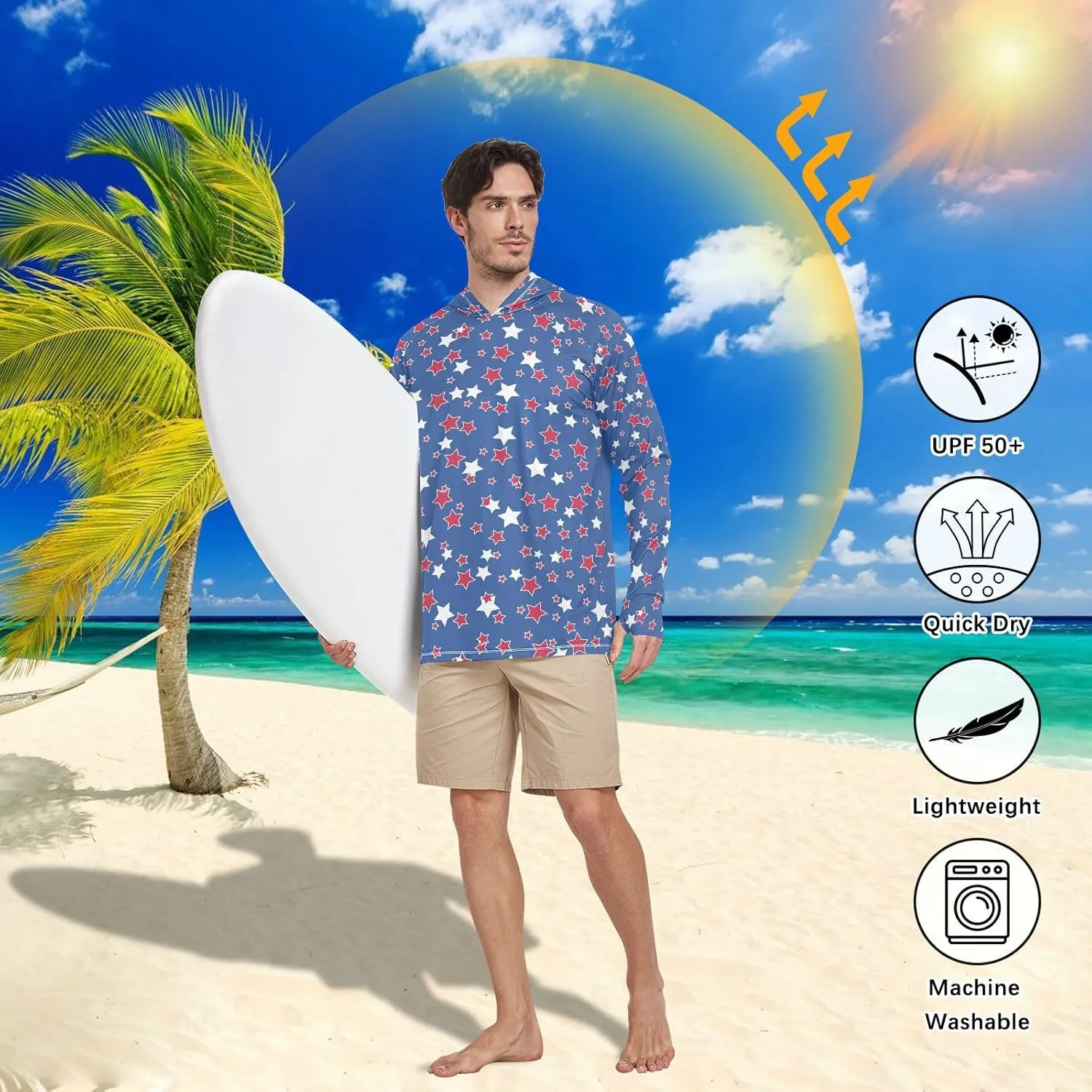 Men's Sun Protection Hoodie Long Sleeve American Patriotic UPF 50 Mens Sun Shirt Swim Shirt Mens Rash Guard