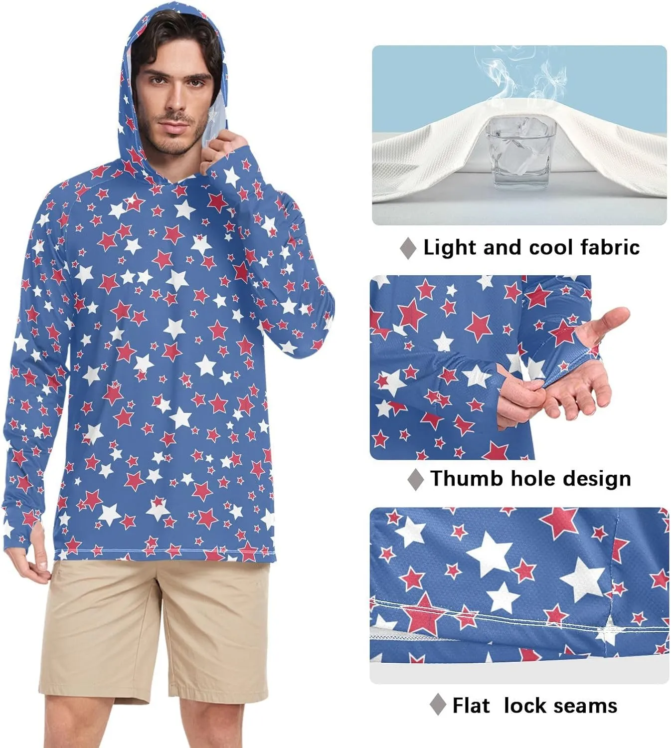 Men's Sun Protection Hoodie Long Sleeve American Patriotic UPF 50 Mens Sun Shirt Swim Shirt Mens Rash Guard