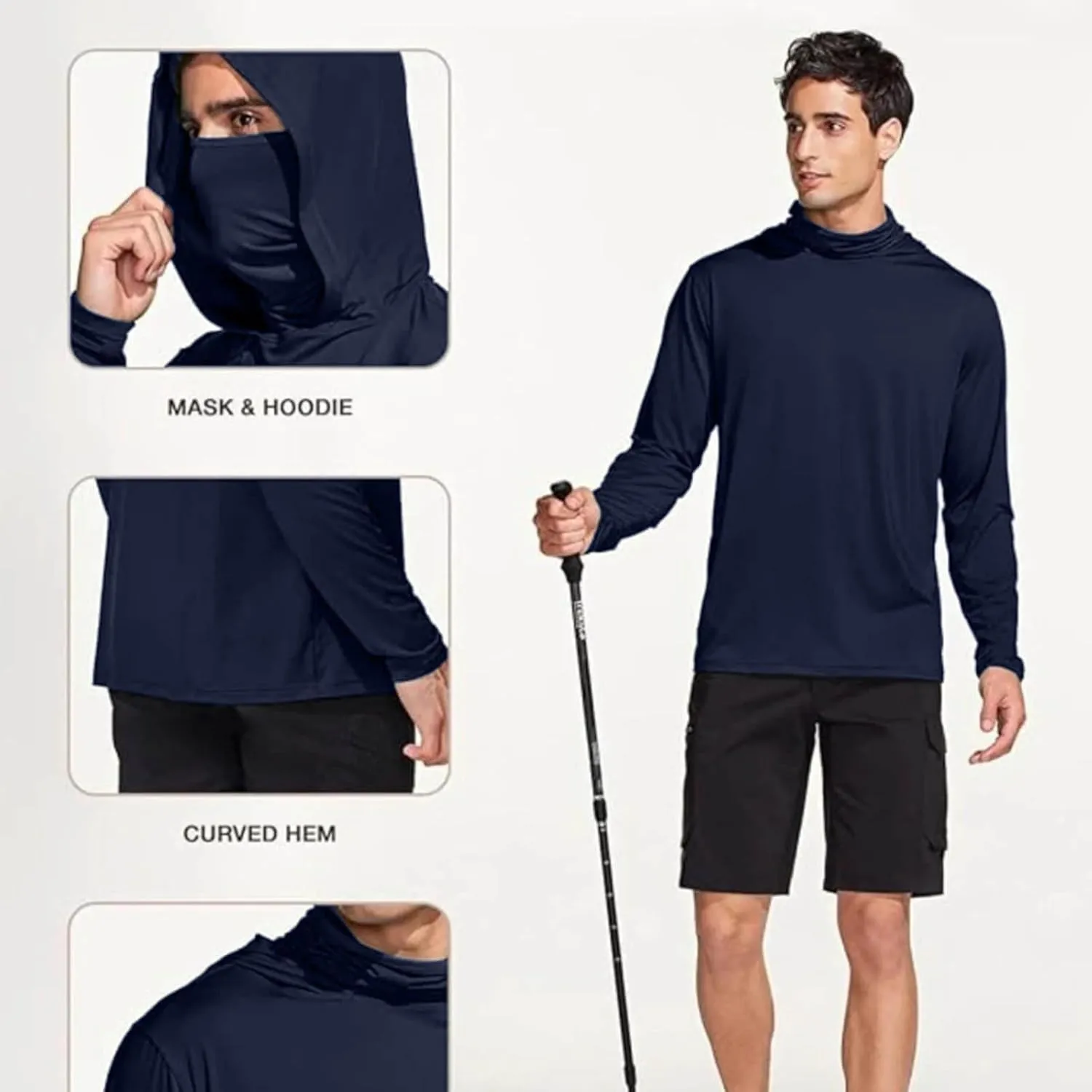 Men's UPF 50  Sun Protection Hoodie with Mask Long Sleeve Rash Guards UV Cooling Lightweight Fishing Hiking Shirts