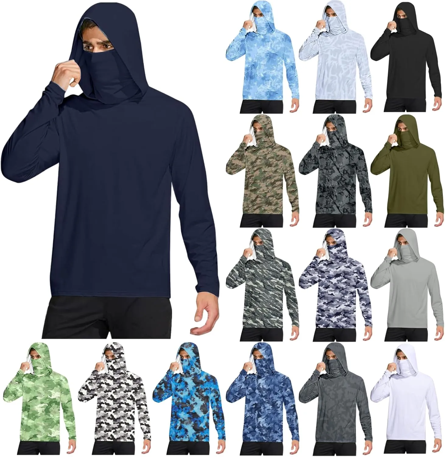 Men's UPF 50  Sun Protection Hoodie with Mask Long Sleeve Rash Guards UV Cooling Lightweight Fishing Hiking Shirts