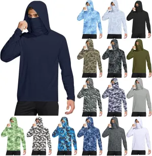 Men's UPF 50  Sun Protection Hoodie with Mask Long Sleeve Rash Guards UV Cooling Lightweight Fishing Hiking Shirts