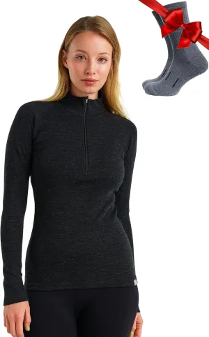 Merino Wool Base Layer Women - 100% Merino Half Zip Sweater Women Lite, Midweight, Heavyweight Thermal Shirts and Socks