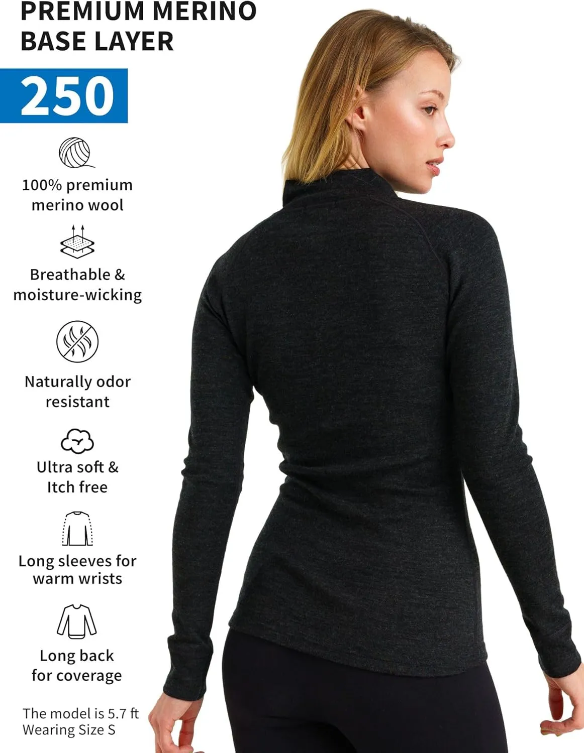 Merino Wool Base Layer Women - 100% Merino Half Zip Sweater Women Lite, Midweight, Heavyweight Thermal Shirts and Socks