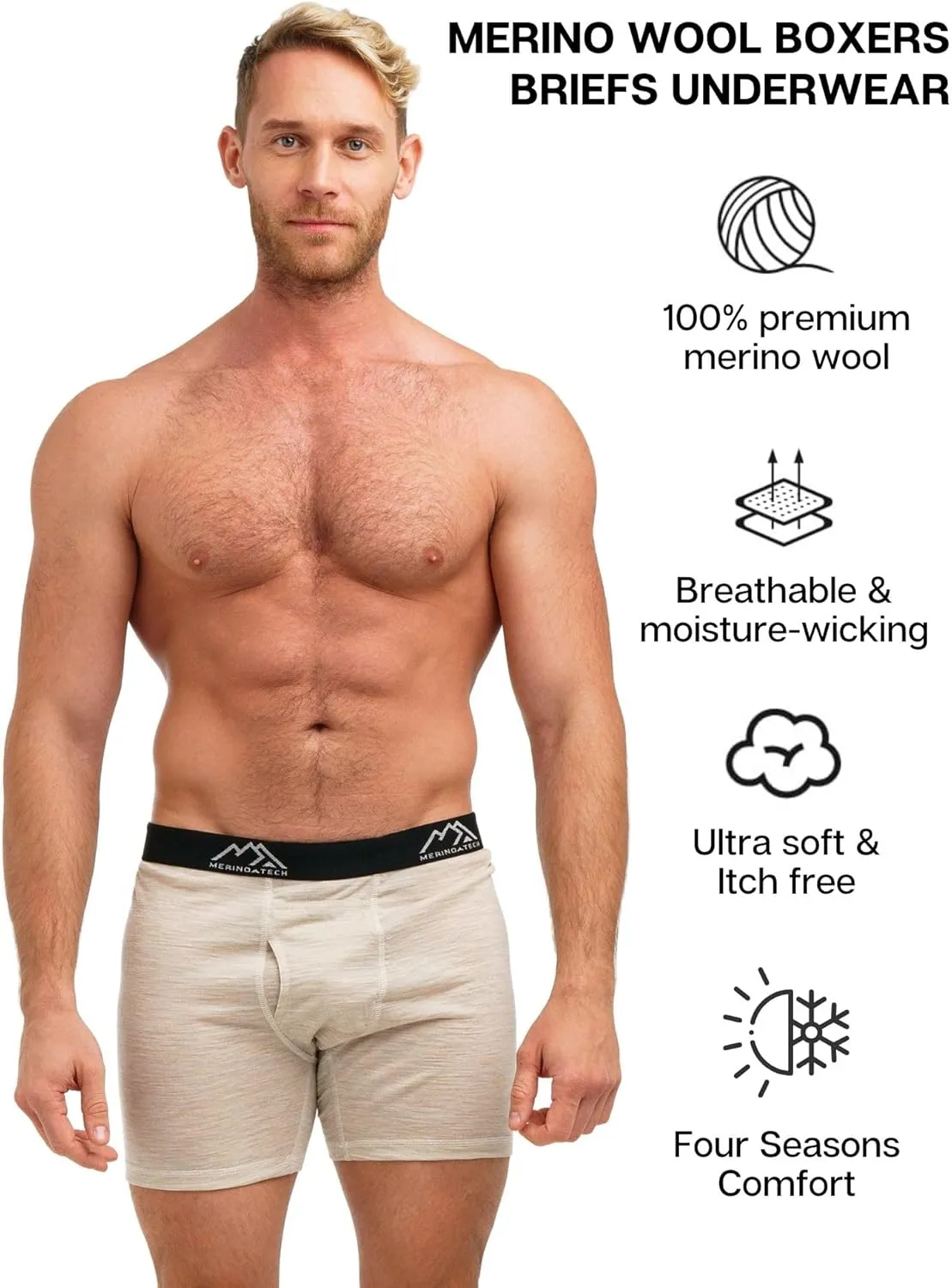 Merino.tech Merino Wool Underwear Mens - 100% Merino Wool Base Layer Boxer Briefs for Men