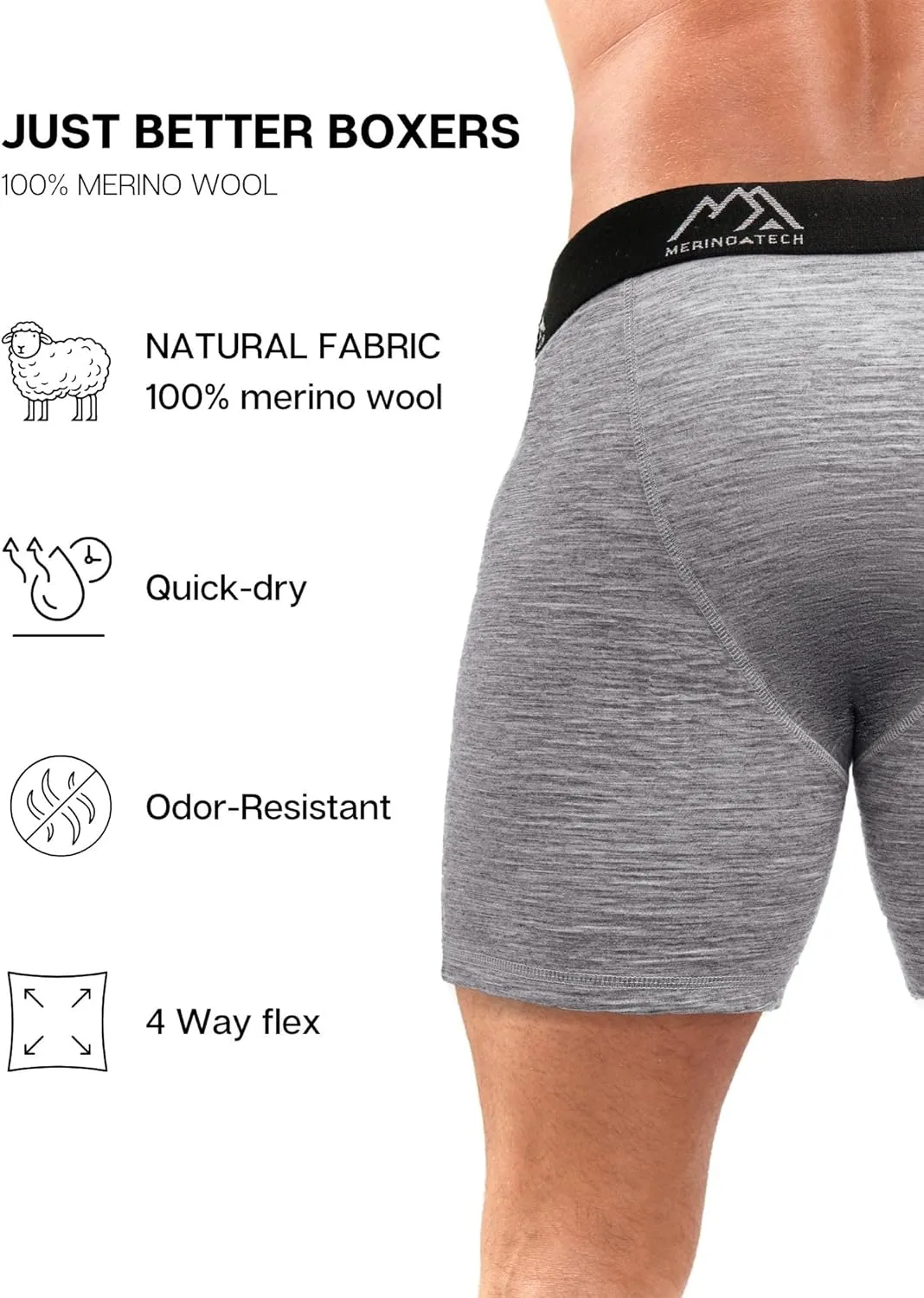 Merino.tech Merino Wool Underwear Mens - 100% Merino Wool Base Layer Boxer Briefs for Men