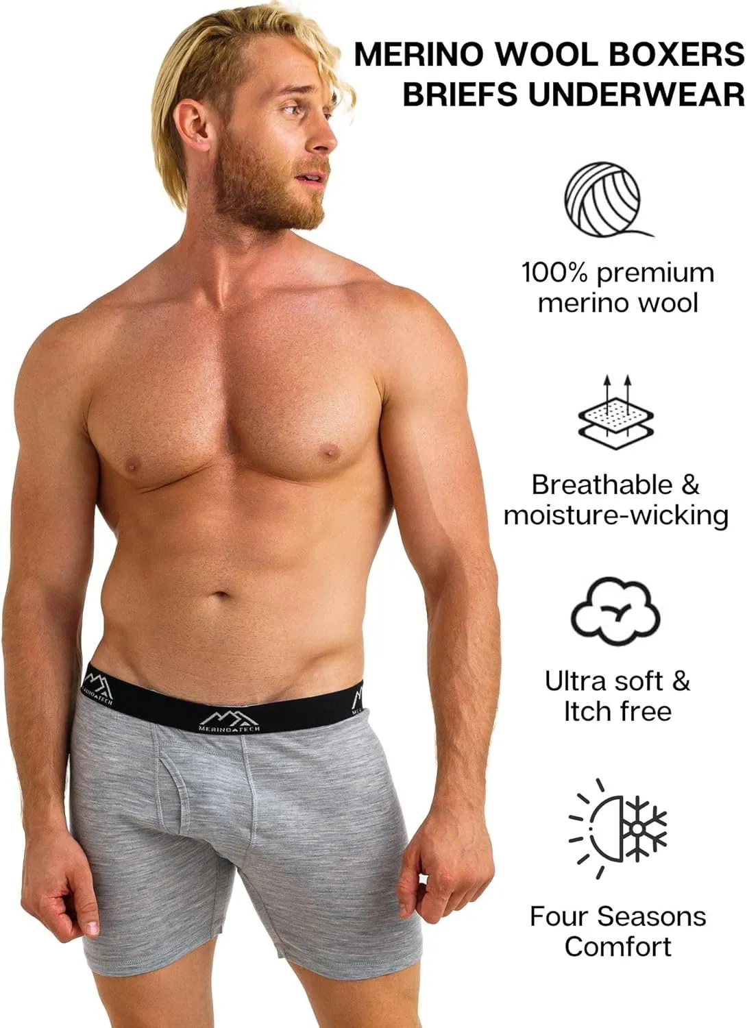 Merino.tech Merino Wool Underwear Mens - 100% Merino Wool Base Layer Boxer Briefs for Men