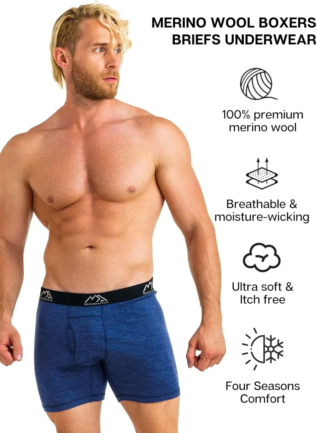 Merino.tech Merino Wool Underwear Mens - 100% Merino Wool Base Layer Boxer Briefs for Men