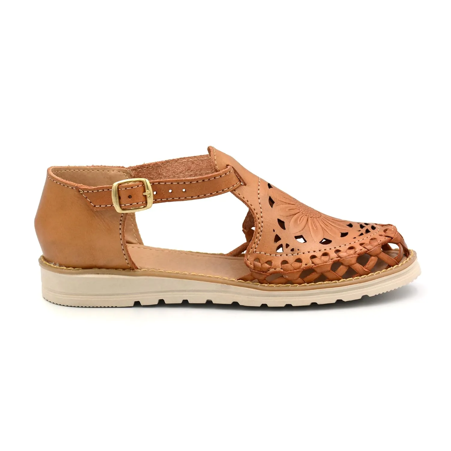 Mexican Genuine Leather Laser-Cut Shoes with Ankle Strap for Women - Model Laser Sunflower (9)