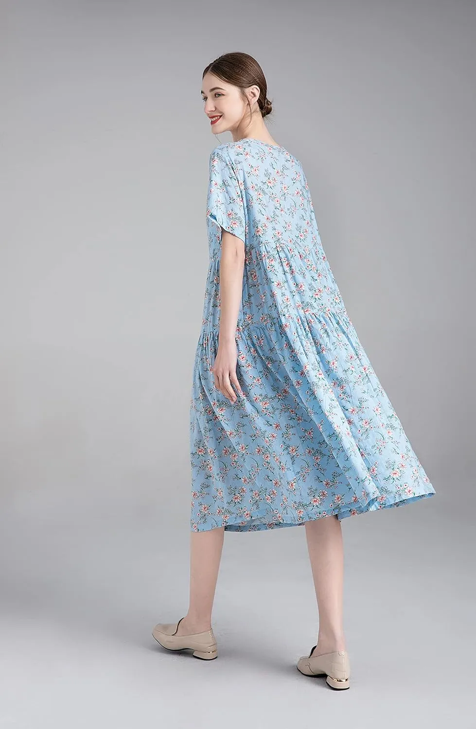 Minibee Women's Bohemian Maxi Dress Summer Short Sleeve Boho Floral Long Beach Swing Dresses with Pockets