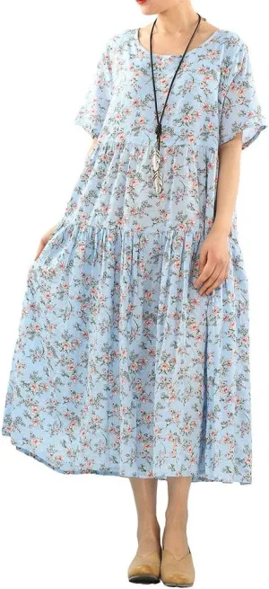 Minibee Women's Bohemian Maxi Dress Summer Short Sleeve Boho Floral Long Beach Swing Dresses with Pockets