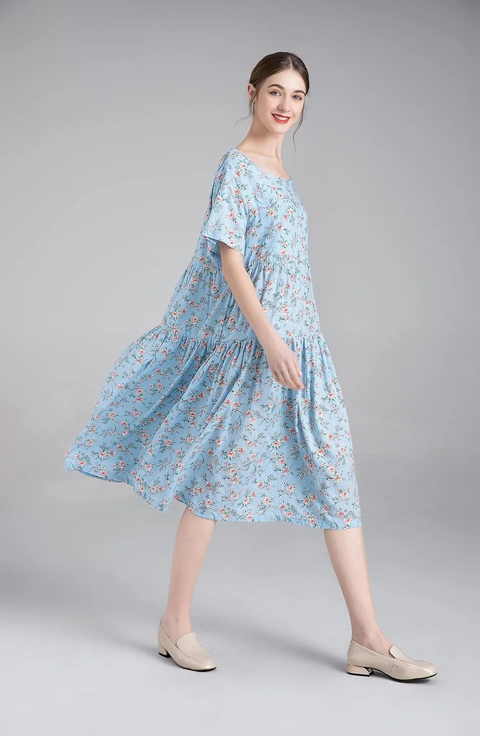 Minibee Women's Bohemian Maxi Dress Summer Short Sleeve Boho Floral Long Beach Swing Dresses with Pockets