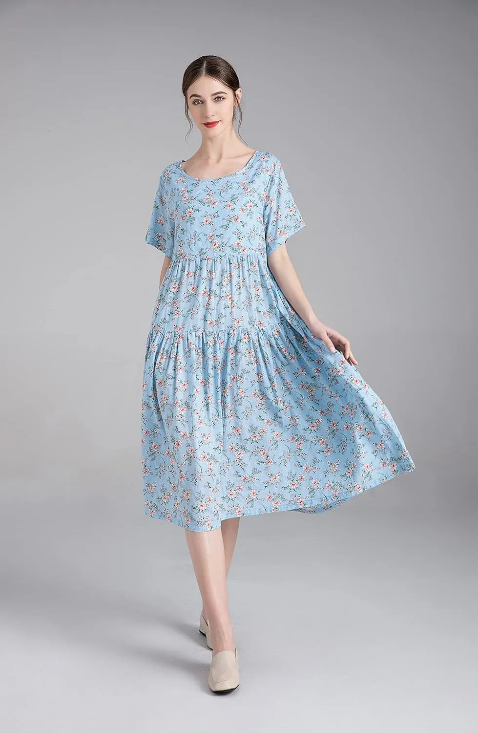 Minibee Women's Bohemian Maxi Dress Summer Short Sleeve Boho Floral Long Beach Swing Dresses with Pockets