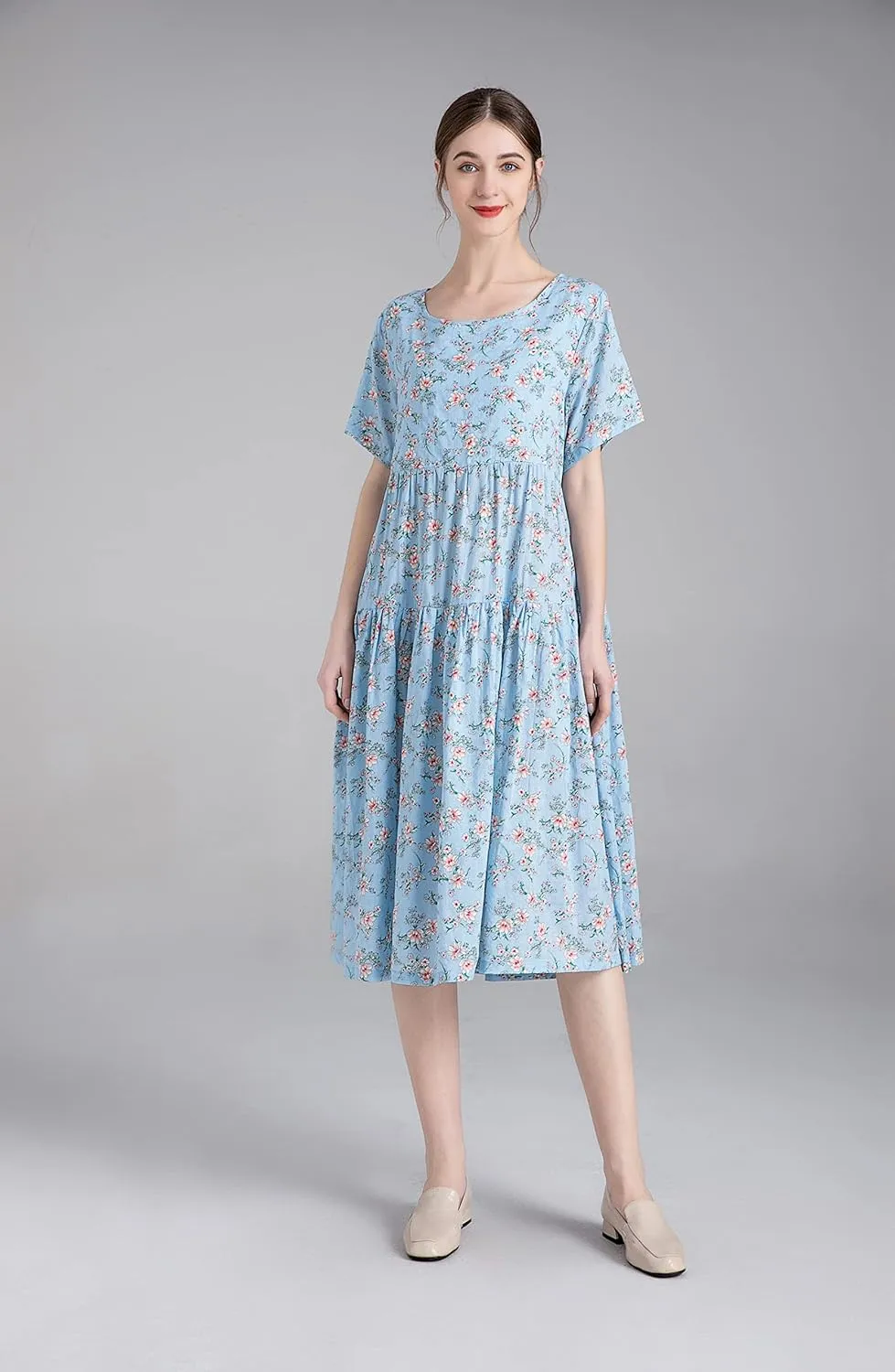 Minibee Women's Bohemian Maxi Dress Summer Short Sleeve Boho Floral Long Beach Swing Dresses with Pockets