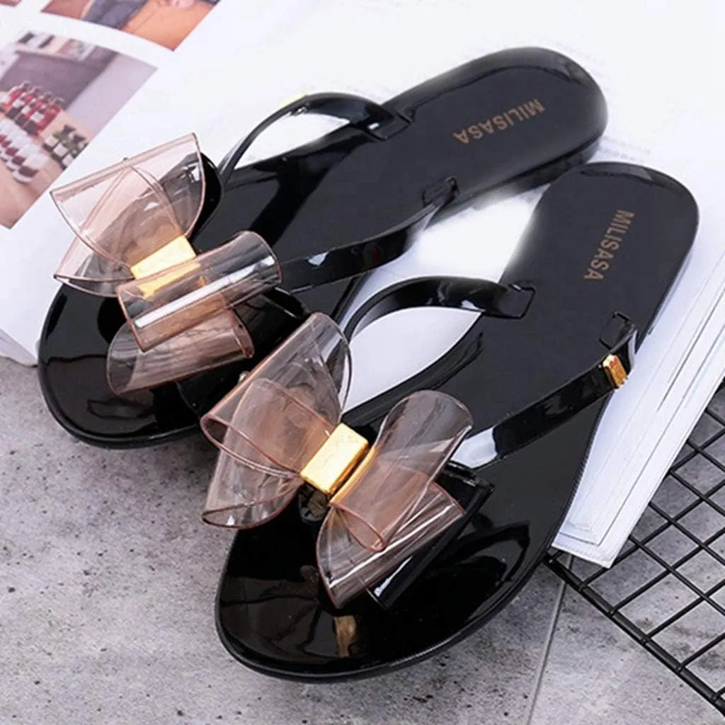 MIOKE Women's Bow Studded Jelly Flipflops Sandals Summer Slip On Comfort Flat Beach Jellies Thong Slipper