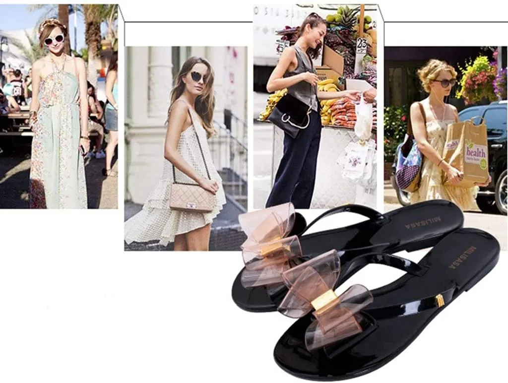 MIOKE Women's Bow Studded Jelly Flipflops Sandals Summer Slip On Comfort Flat Beach Jellies Thong Slipper