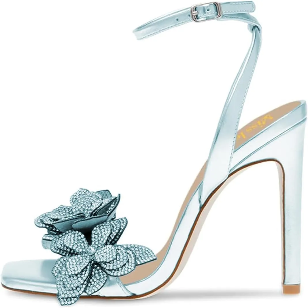 miss left Women Rhinestones Stiletto Heel Sandals with Strap Buckles Flower Embellished Open Square Toe High Heels Pumps Chic Wedding Event Dress Shoes Size 4-16 US