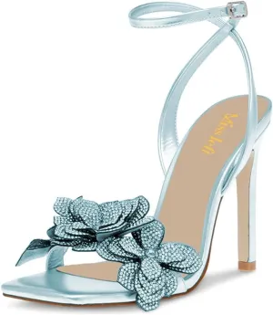 miss left Women Rhinestones Stiletto Heel Sandals with Strap Buckles Flower Embellished Open Square Toe High Heels Pumps Chic Wedding Event Dress Shoes Size 4-16 US