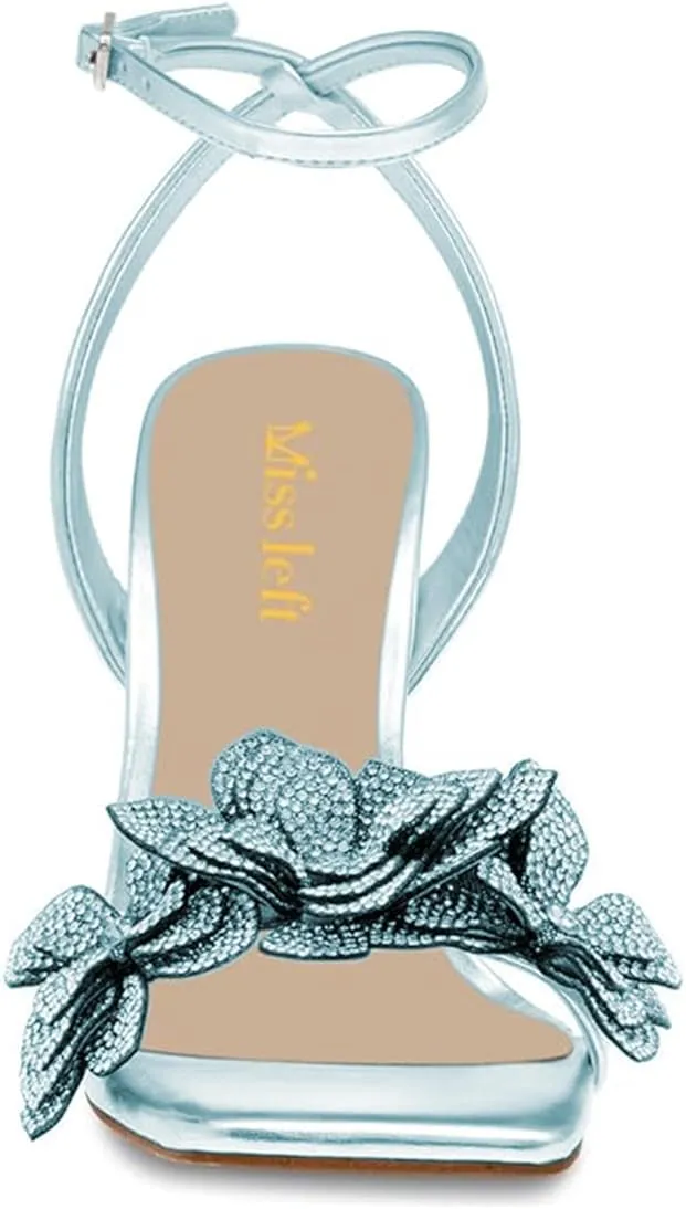 miss left Women Rhinestones Stiletto Heel Sandals with Strap Buckles Flower Embellished Open Square Toe High Heels Pumps Chic Wedding Event Dress Shoes Size 4-16 US