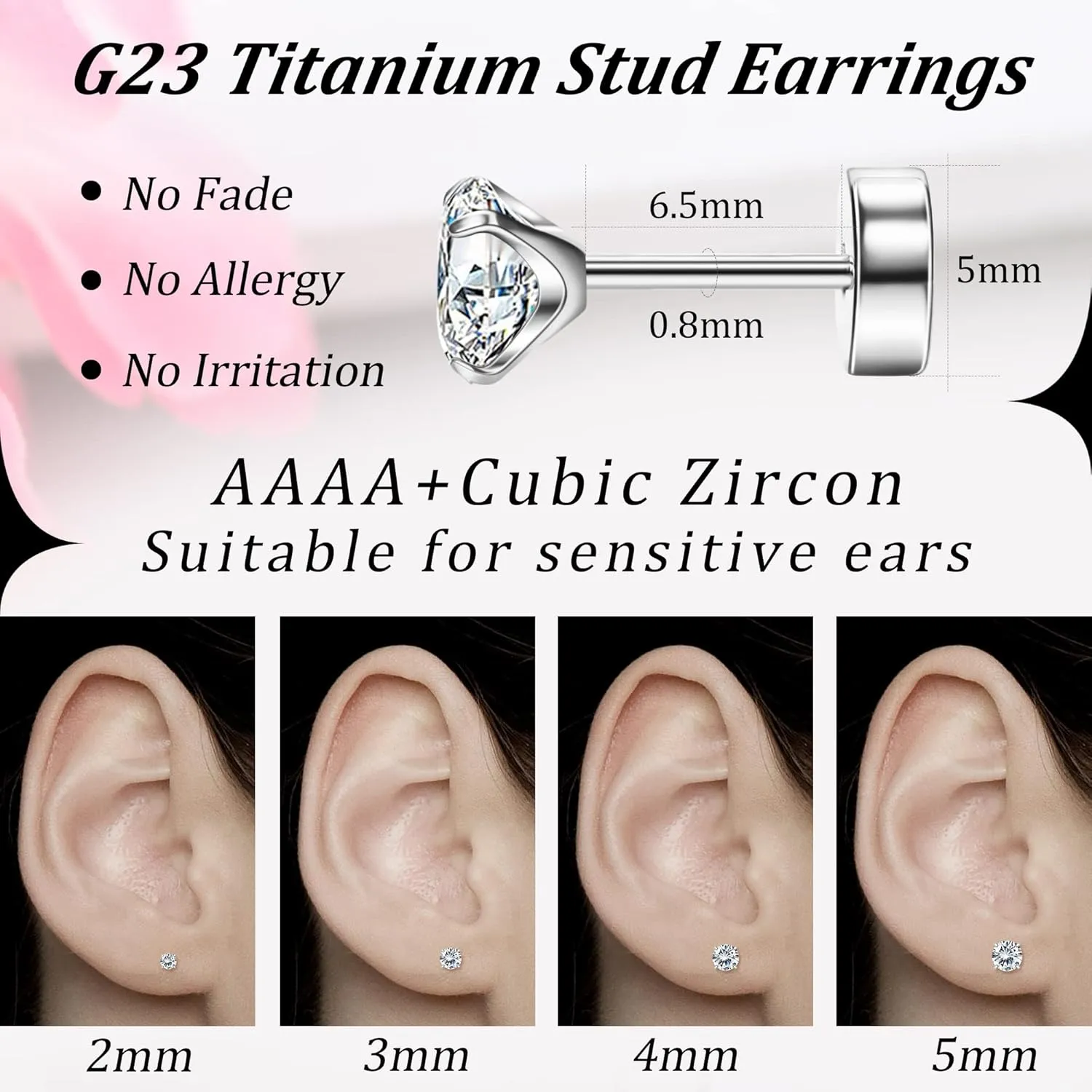 MJust Titanium Earrings - Hypoallergenic 20G Flat Back with Rainbow AB Cubic Zirconia - Cartilage Earrings for Women & Men