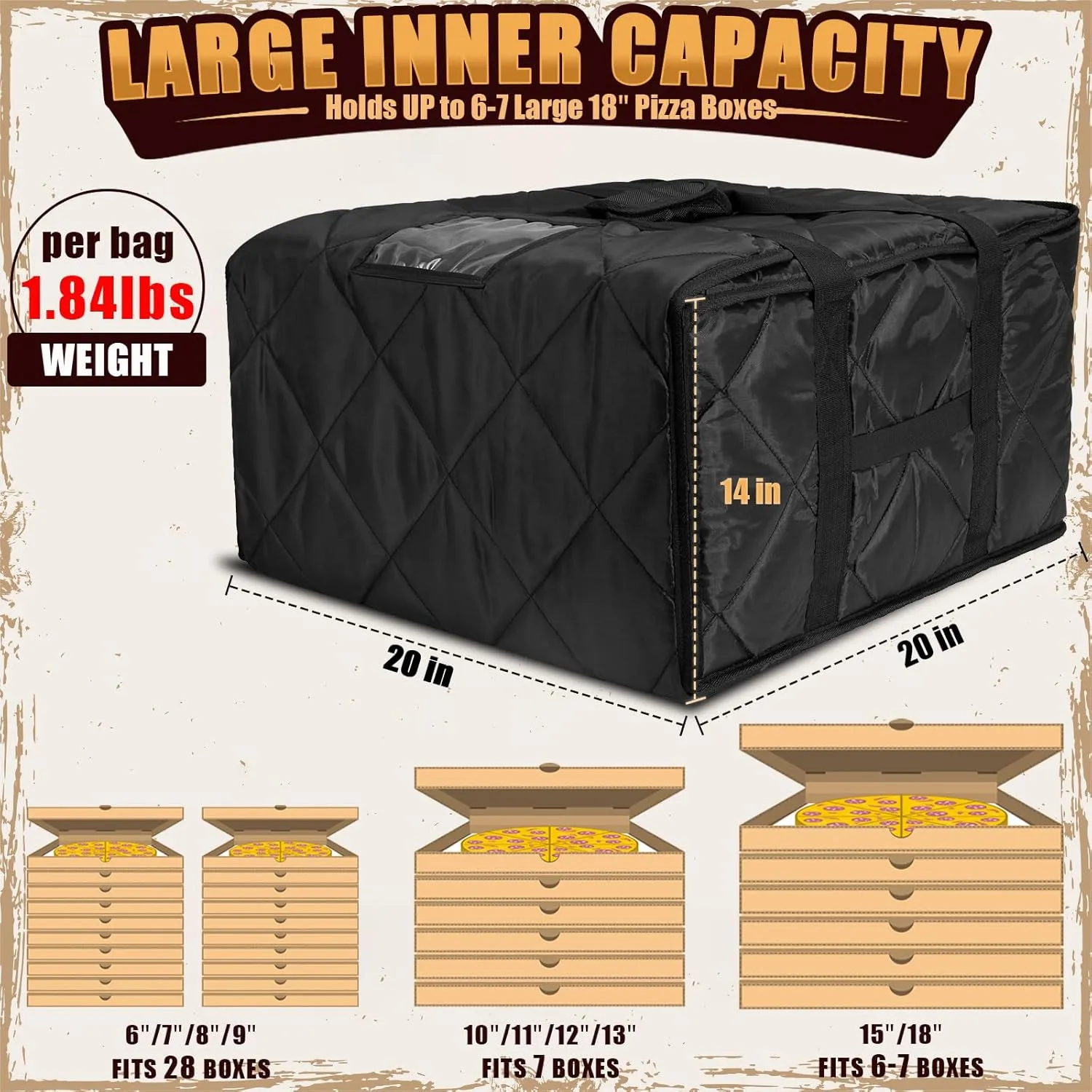 MyLifeUNIT Pizza Bag for Delivery, Thermal Insulated Pizza and Food Delivery Bag, 20" x 20" x 14" Pizza Warmer Bag, Holds 6-7 Large 18" Pizza Boxes, Hot Pizza Carrier Insulated Bags