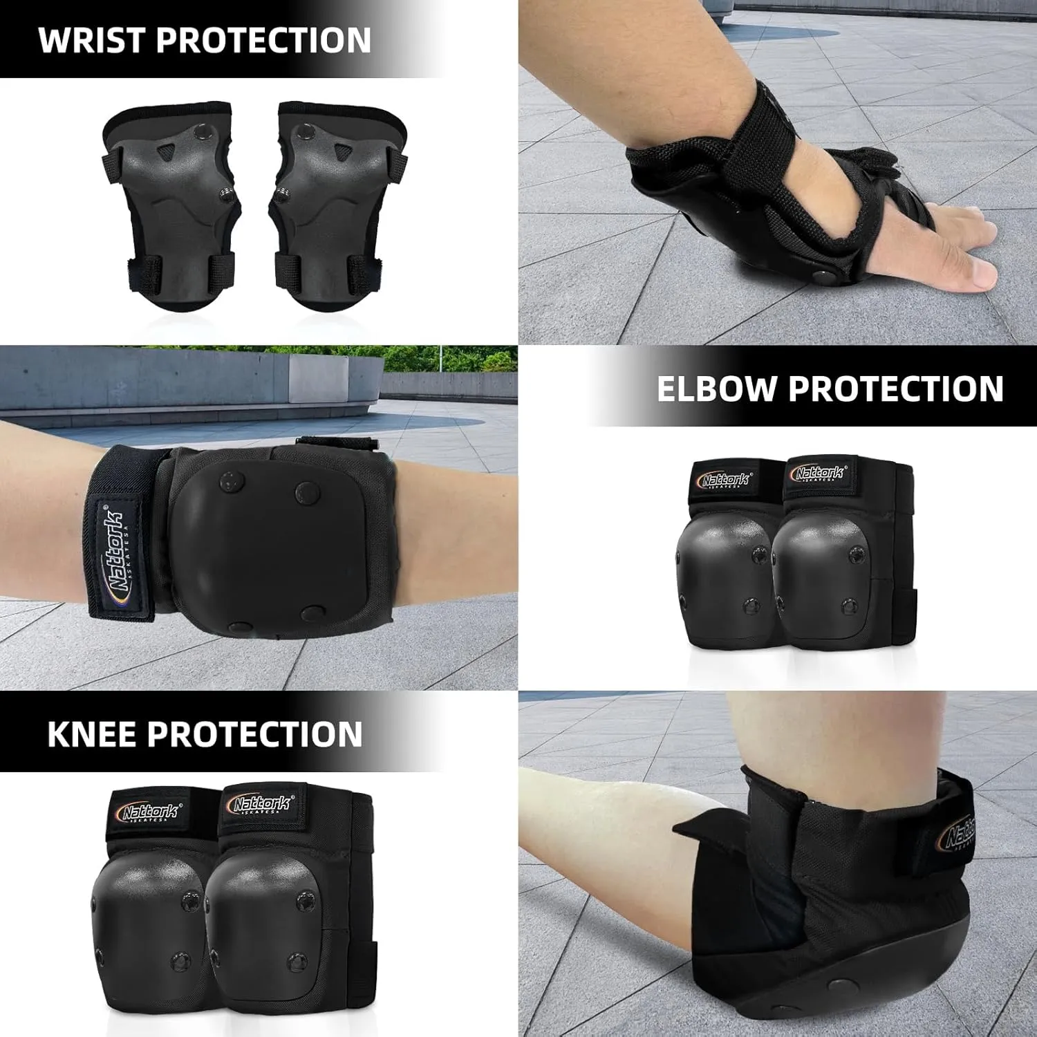 Nattork Knee Pads, Elbow Pads&Wrist Guards for Kids Youth Adults, 6 in 1 Protective Gear Set for Skateboard, Roller Skate, Inline Skates, Cycling and Scooter Boys Girls Age 3-15