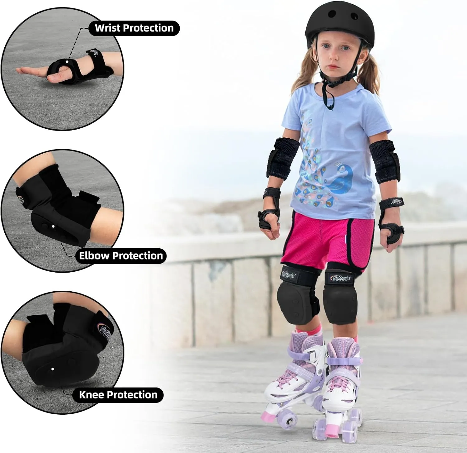 Nattork Knee Pads, Elbow Pads&Wrist Guards for Kids Youth Adults, 6 in 1 Protective Gear Set for Skateboard, Roller Skate, Inline Skates, Cycling and Scooter Boys Girls Age 3-15