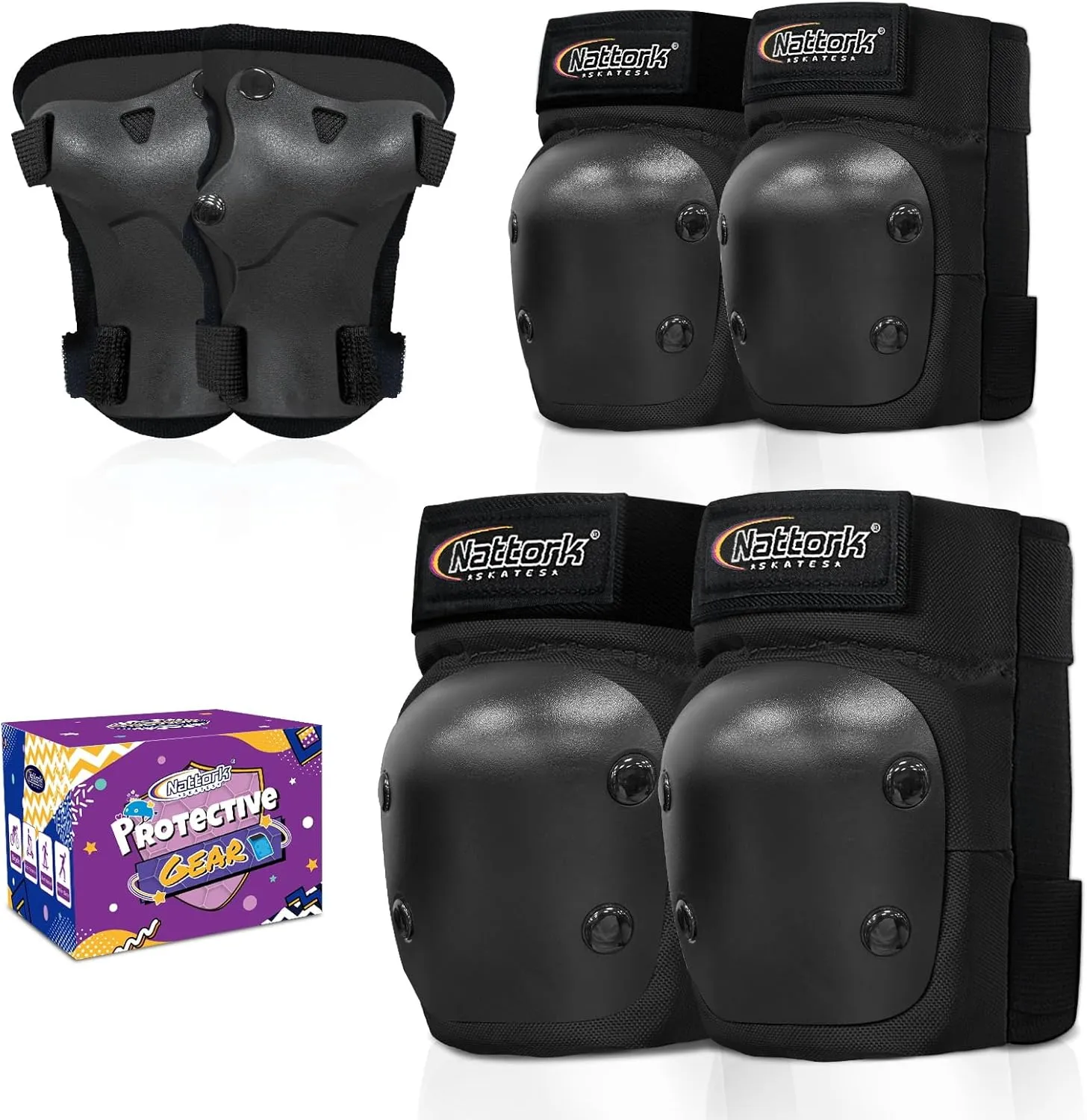 Nattork Knee Pads, Elbow Pads&Wrist Guards for Kids Youth Adults, 6 in 1 Protective Gear Set for Skateboard, Roller Skate, Inline Skates, Cycling and Scooter Boys Girls Age 3-15