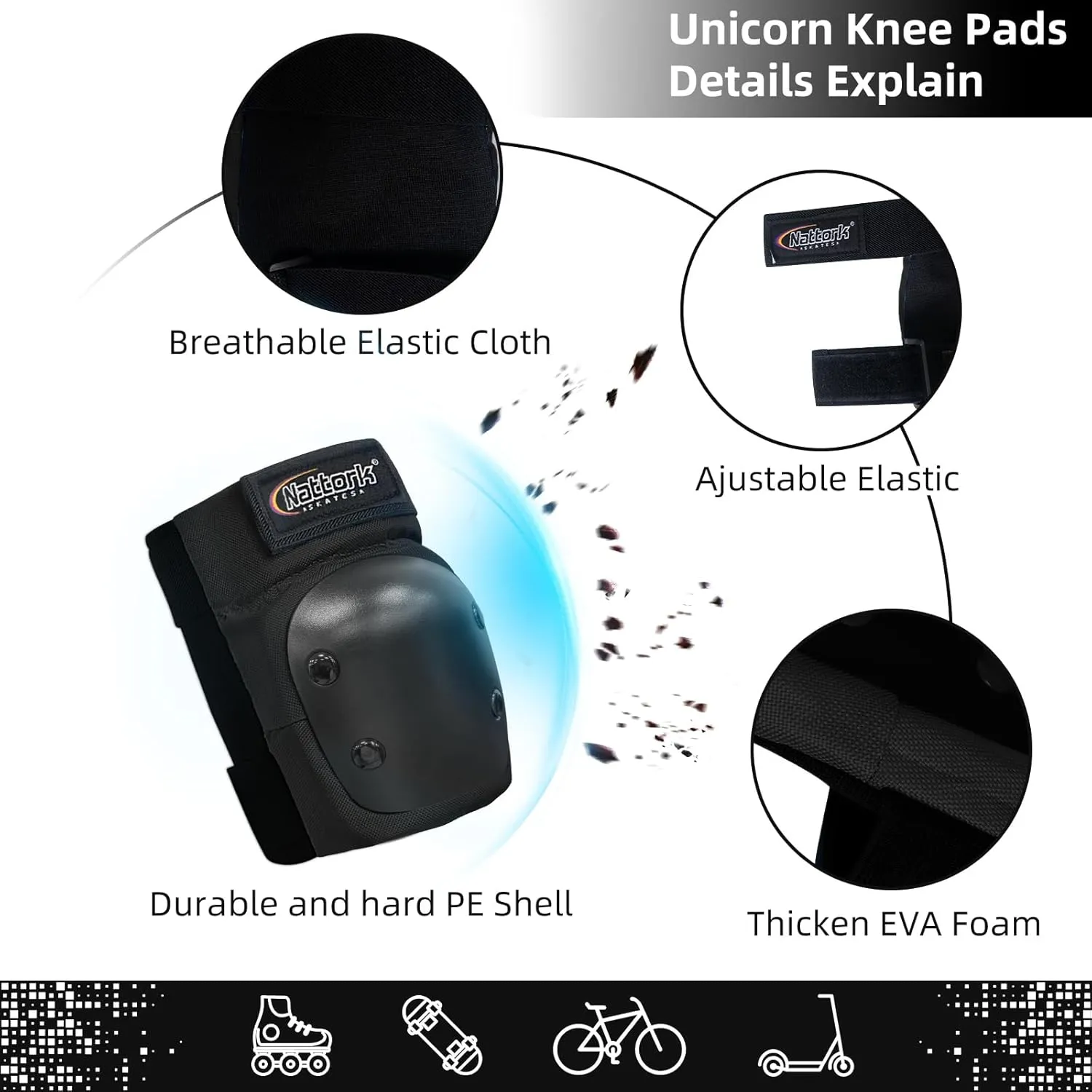 Nattork Knee Pads, Elbow Pads&Wrist Guards for Kids Youth Adults, 6 in 1 Protective Gear Set for Skateboard, Roller Skate, Inline Skates, Cycling and Scooter Boys Girls Age 3-15