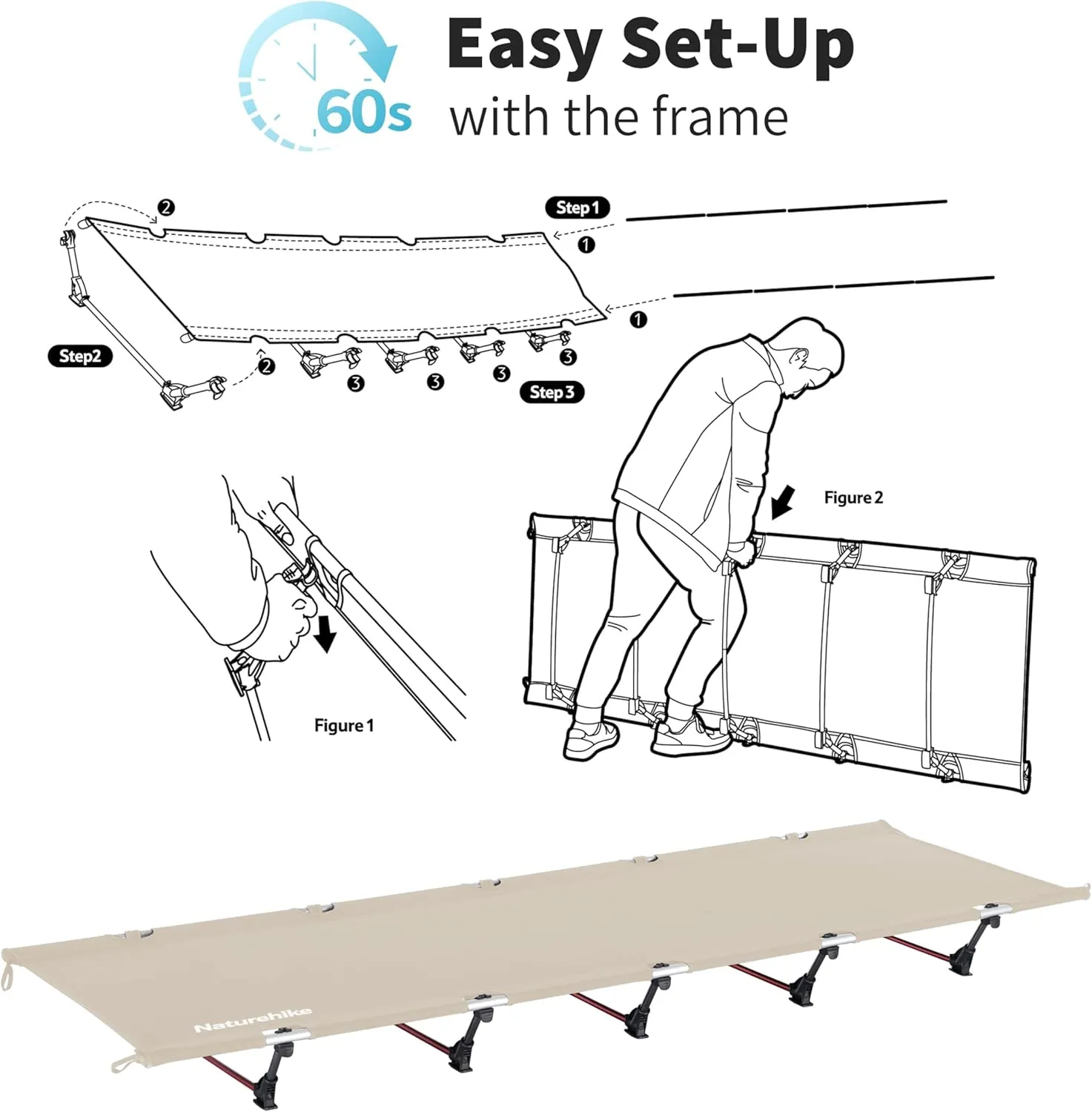Naturehike GreenWild Camping Cot, Ultralight Folding Backpacking Cot, 60-Second Easy Set-Up, Supports 330lbs, Portable Camping Bed for Adults for Camping Hiking Travel Home