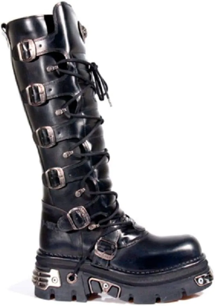 New Rock Newrock 272 Metallic Black Goth Knee High Zip Boot Leather Buckle Boots
