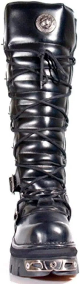 New Rock Newrock 272 Metallic Black Goth Knee High Zip Boot Leather Buckle Boots